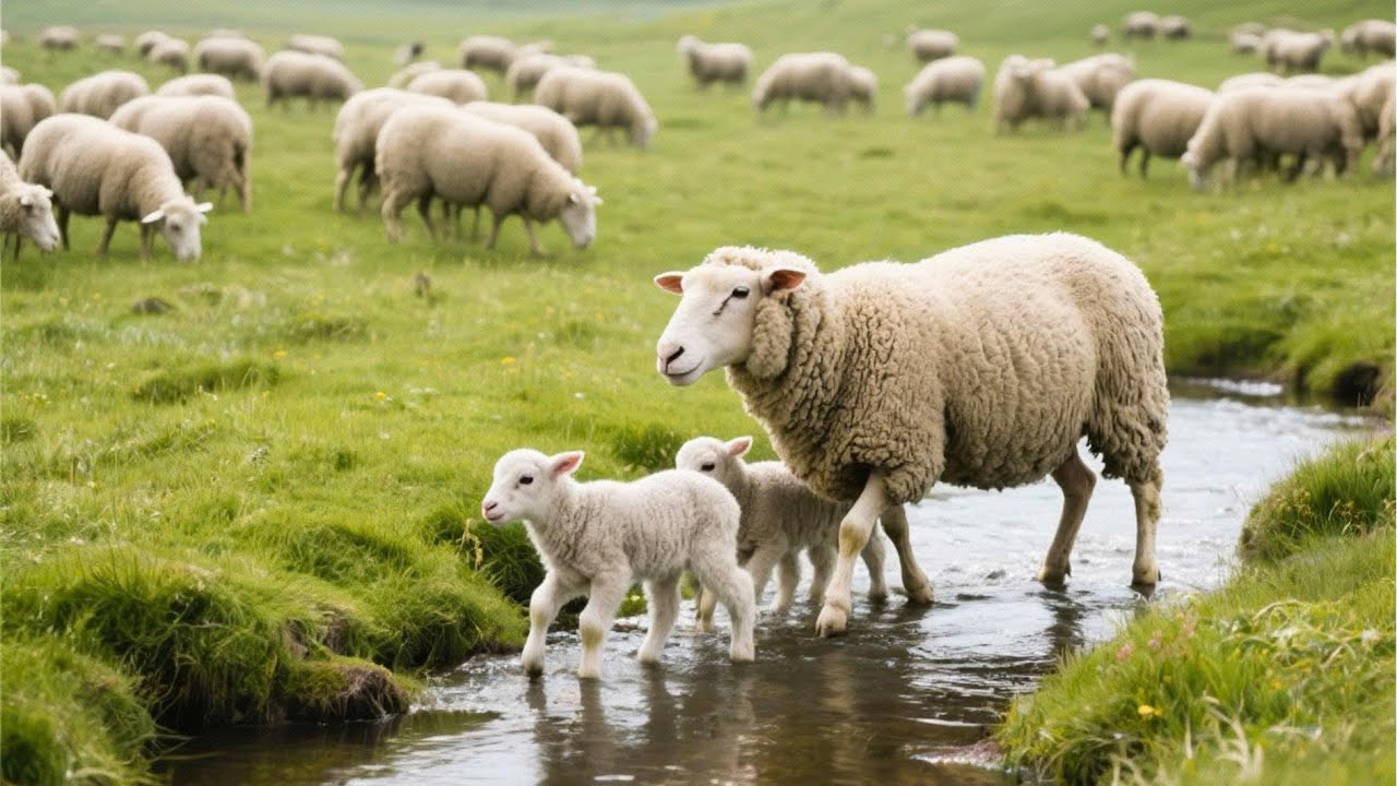 Cute little lambs play in the water with their mother in the meadow - Sheep and goat videos