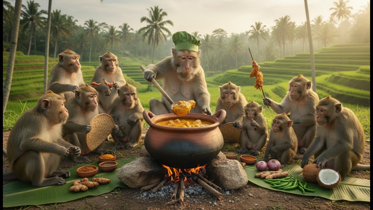जंगल में बंदरों ने बनाया स्वादिष्ट चिकन करी | Chicken Curry Cooked by Monkeys |  Jungle Cooking