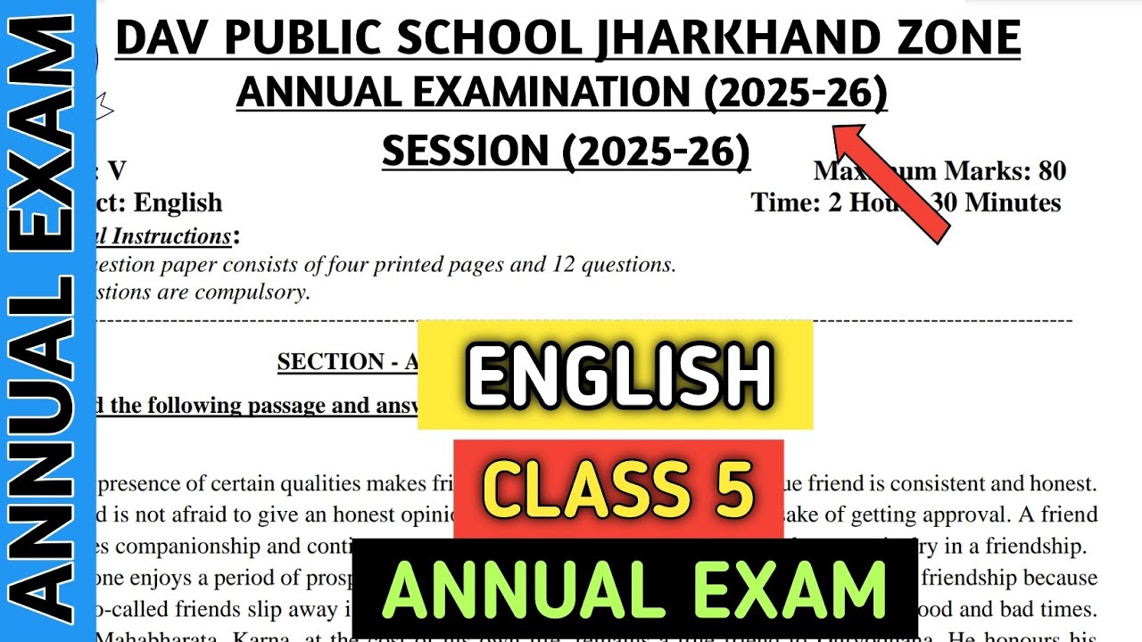 Dav class 5 question paper of English of Annual exam/final exam 2026 | Dav paper Zone | 2025-26 | 