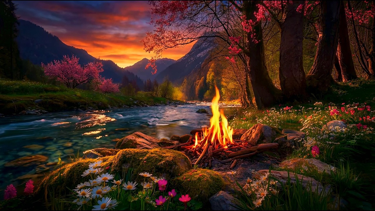 Spring Mountain River Campfire 🌸🔥 Gentle Nature Sounds for Relaxation and Sleep