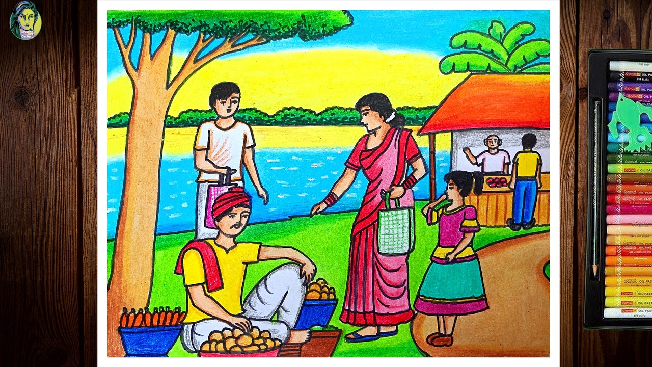 Village Market Drawing Easy | How To Draw Village Market | Market Scenery Drawing | Bazar Drawing