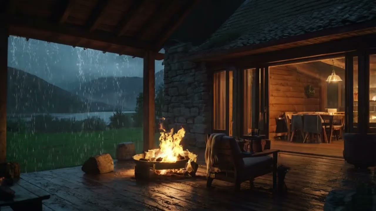 Heavy Rain Sounds Outside Cozy Mountain Cabin with Fireplace for Deep Sleep 🏔️
