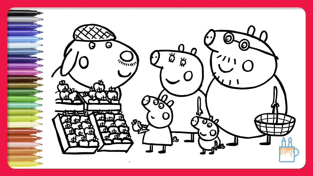 Vamos desenhar e colorir a Peppa e sua família na feira comprando maçãs