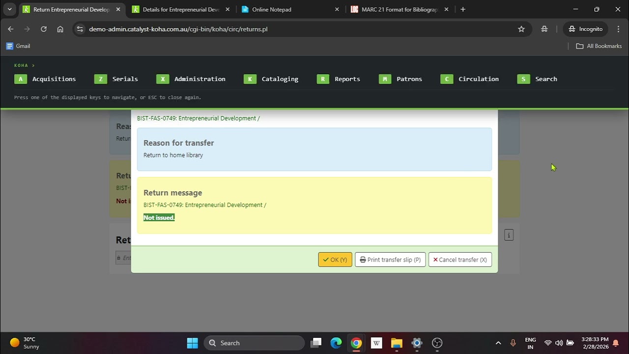 Koha Circulation Module | Check Out, Check In, Renew and View History