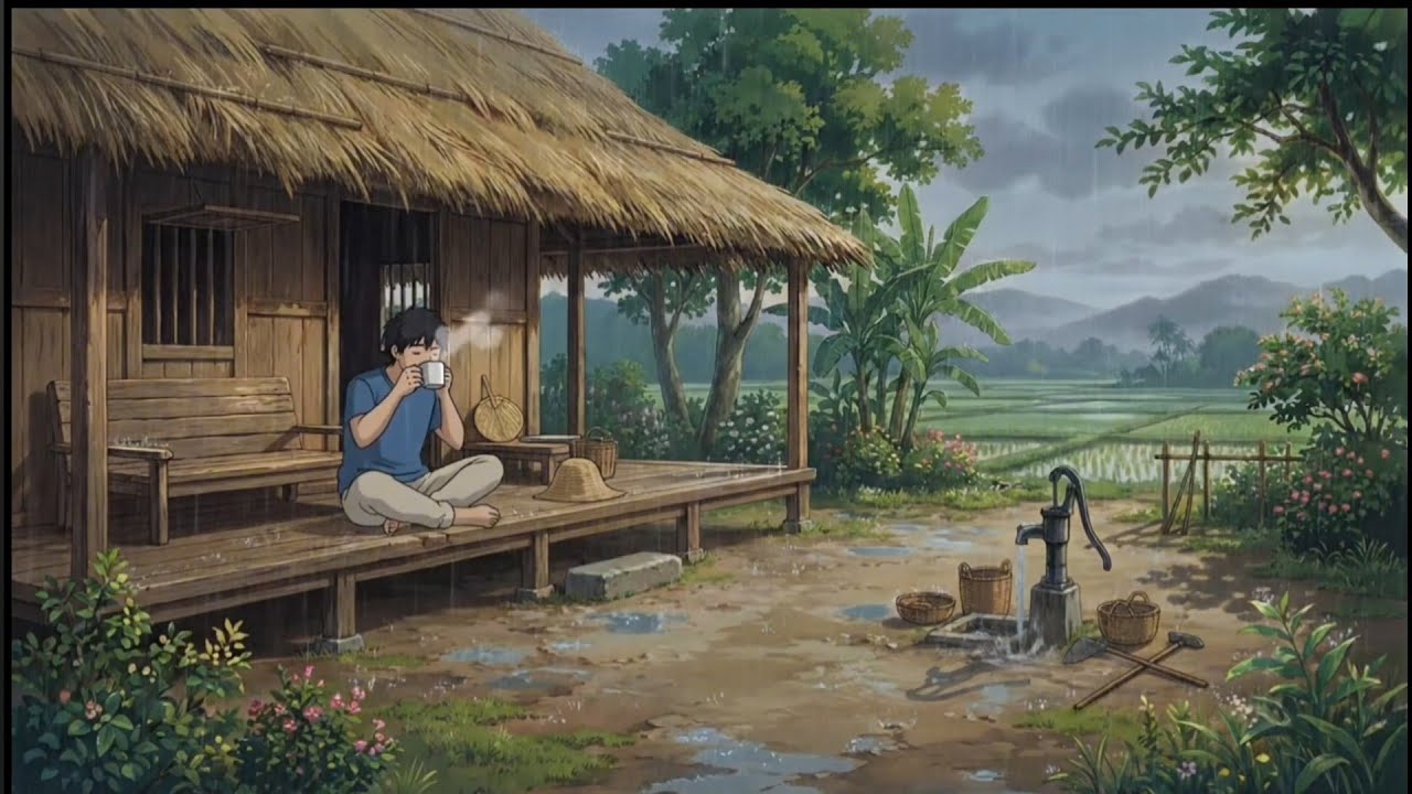 Warm Coffee After Rain in the Rice Field | Relaxing Video for Sleep | Ghibli Style 