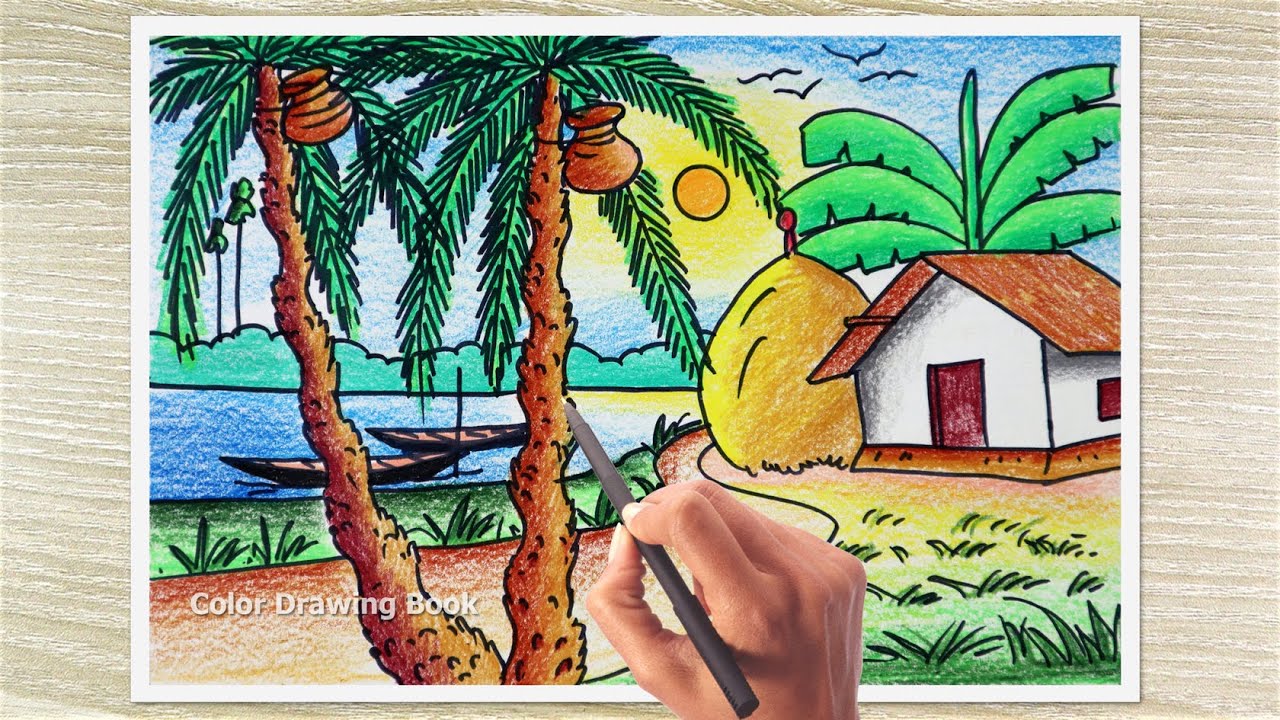 Easy Village Sunset Scenery Drawing for Beginners  Color Pencil Art