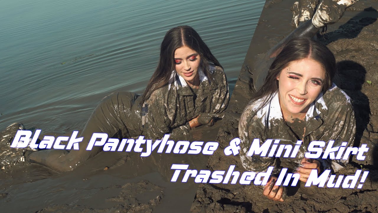 Muddy Wetlook Girl Trashed Mini Skirt, Sneakers & Ripped Black Stockings Pantyhose in Swampy Mud