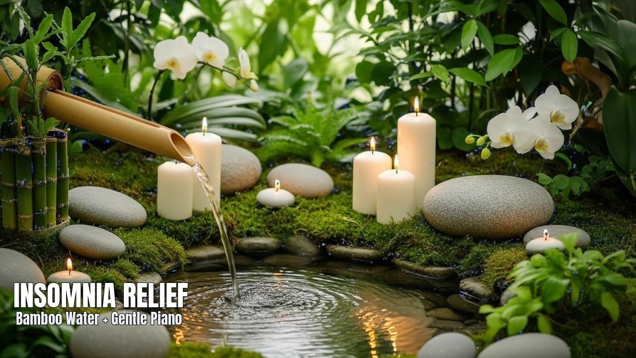 Insomnia Relief: Bamboo Fountain Sounds + Gentle Piano (No Talking) • Live Soundscape