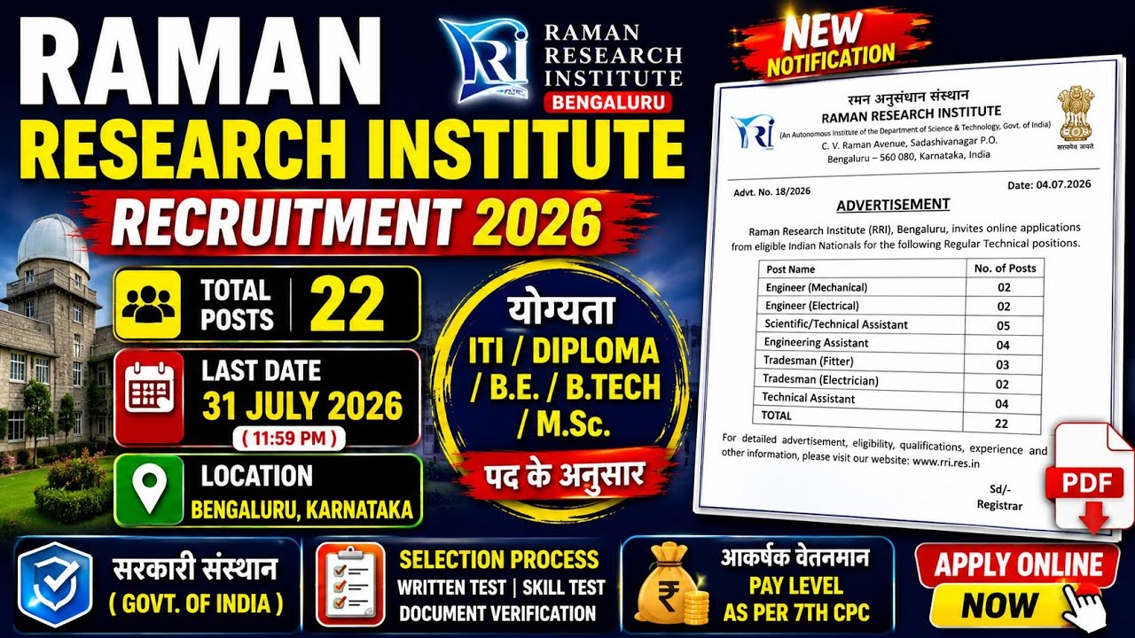 Raman Research Institute Requirement 2026 #itijobs #diplomajobs #btechjobs #govtjobs 