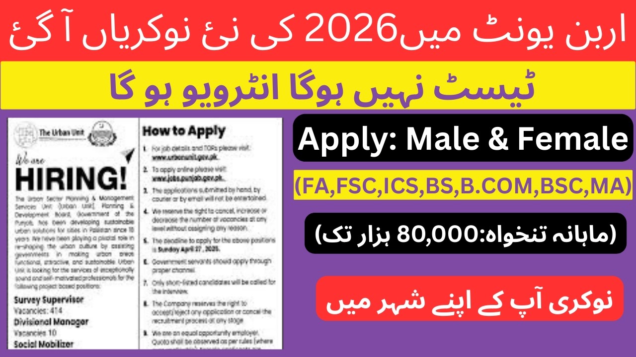 Urban Unit Jobs 2026 | Latest Jobs in Pakistan | Male & Female  | How to Apply Online | Full Guide