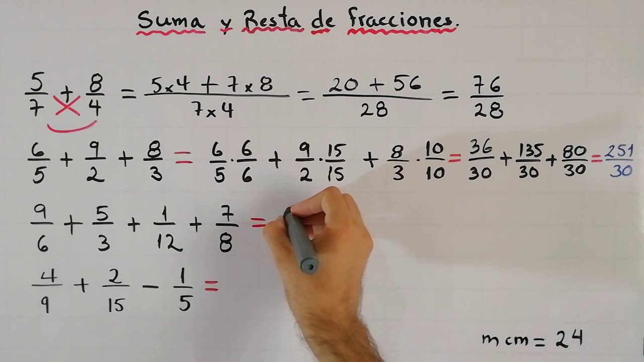 Suma y resta de fracciones heterogéneas de varios términos usando mínimo común múltiplo (mcm)