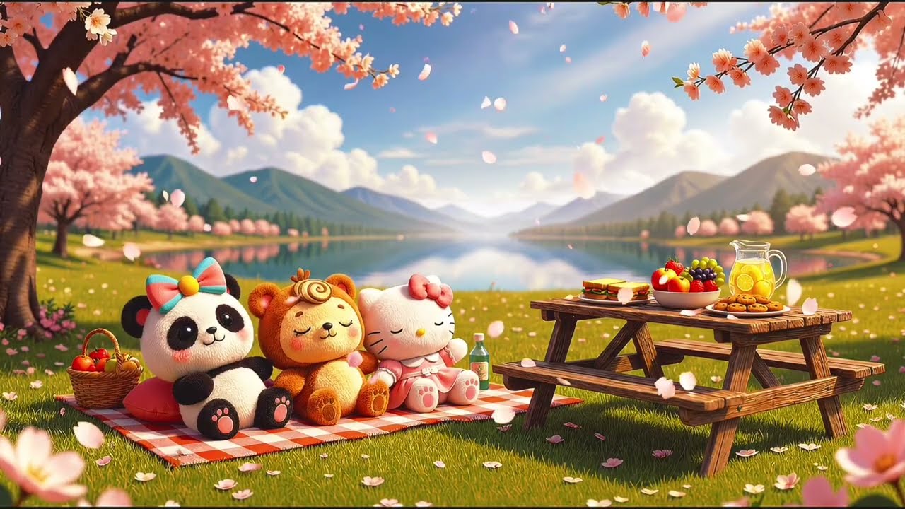 Hello Kitty 🌸 Cherry Blossom Lofi Chill🌷|Cinnabear & LolliPanda Spring Picnic Ambience by the Lake