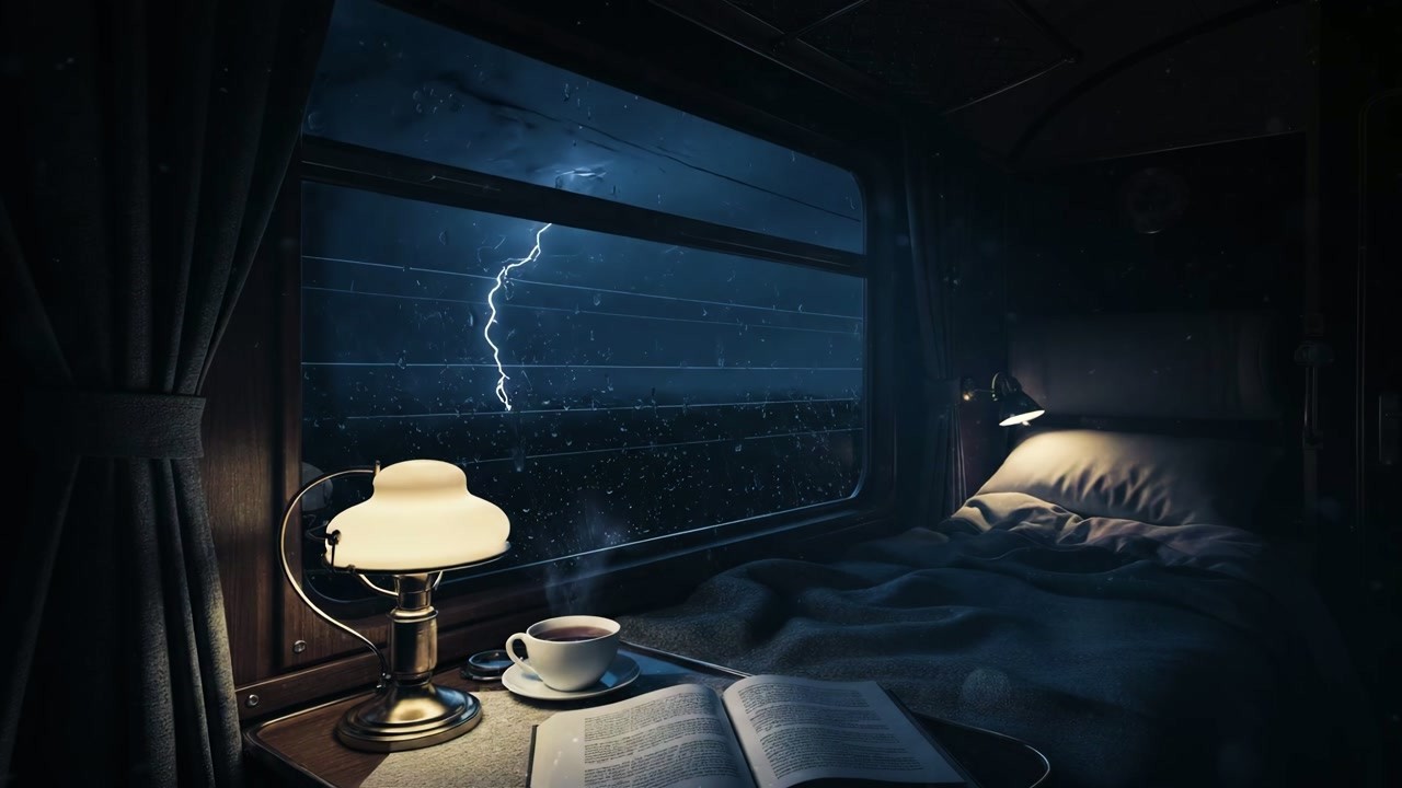 Safe Inside a Night Train During a Thunderstorm 🌩️ Heavy Rain & Train Sounds for Deep Sleep