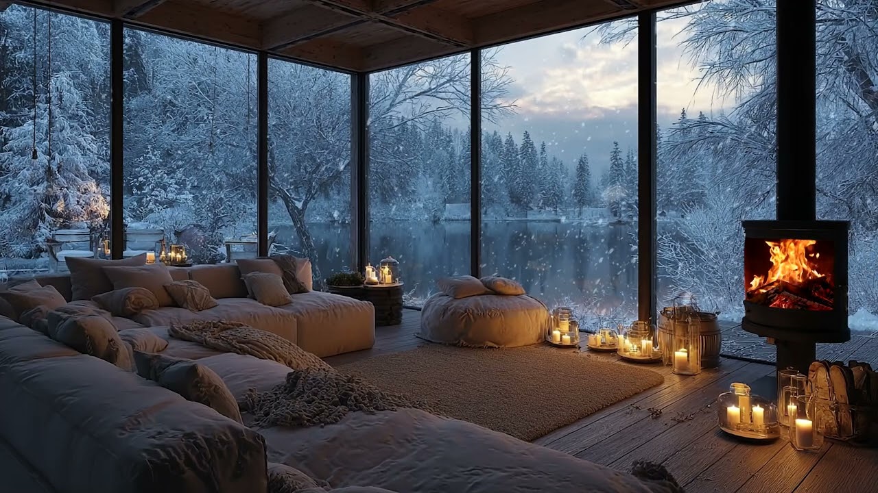 Still Winter Wind and Snow Outside | Cozy Fireplace Ambience Inside a Warm Cabin at Night