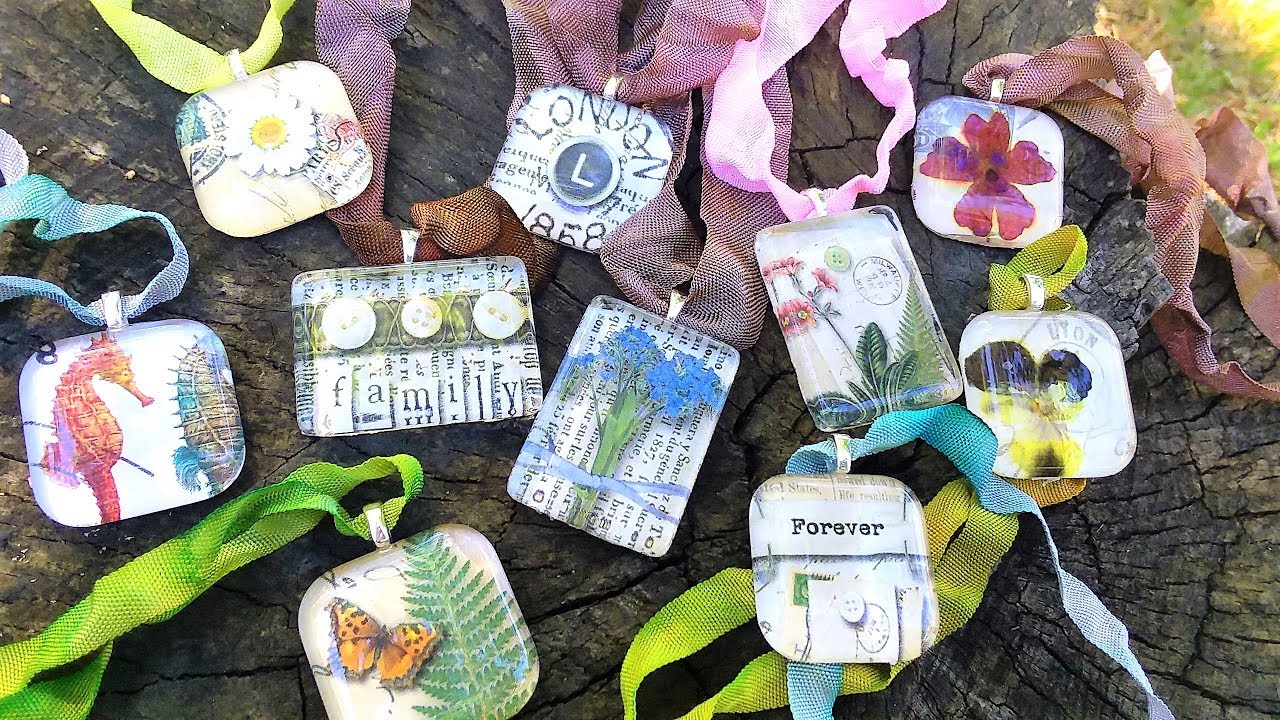Vintage Look Glass Tile Necklace with Hand Dyed Ribbons
