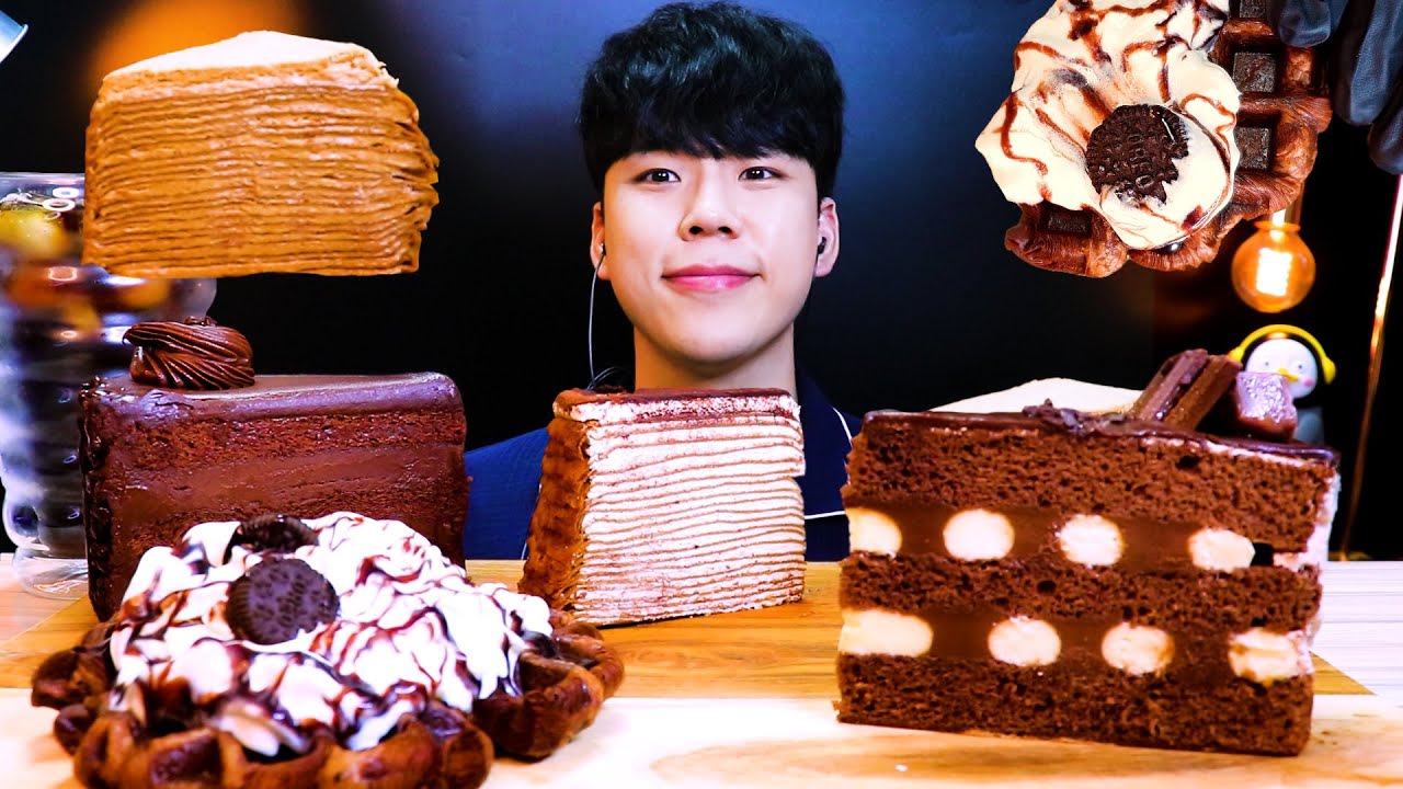 SUB)ASMR 초코 케이크 크레이프 케이크 초코 크로플 먹방 리얼사운드チョコケーキ CHOCOLATE CAKE MUKBANG DESSERT REAL SOUND