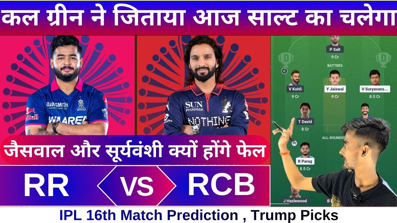 RR vs RCB ipl 16th match dream11 team of today match | RR vs RCB dream11 prediction 2026