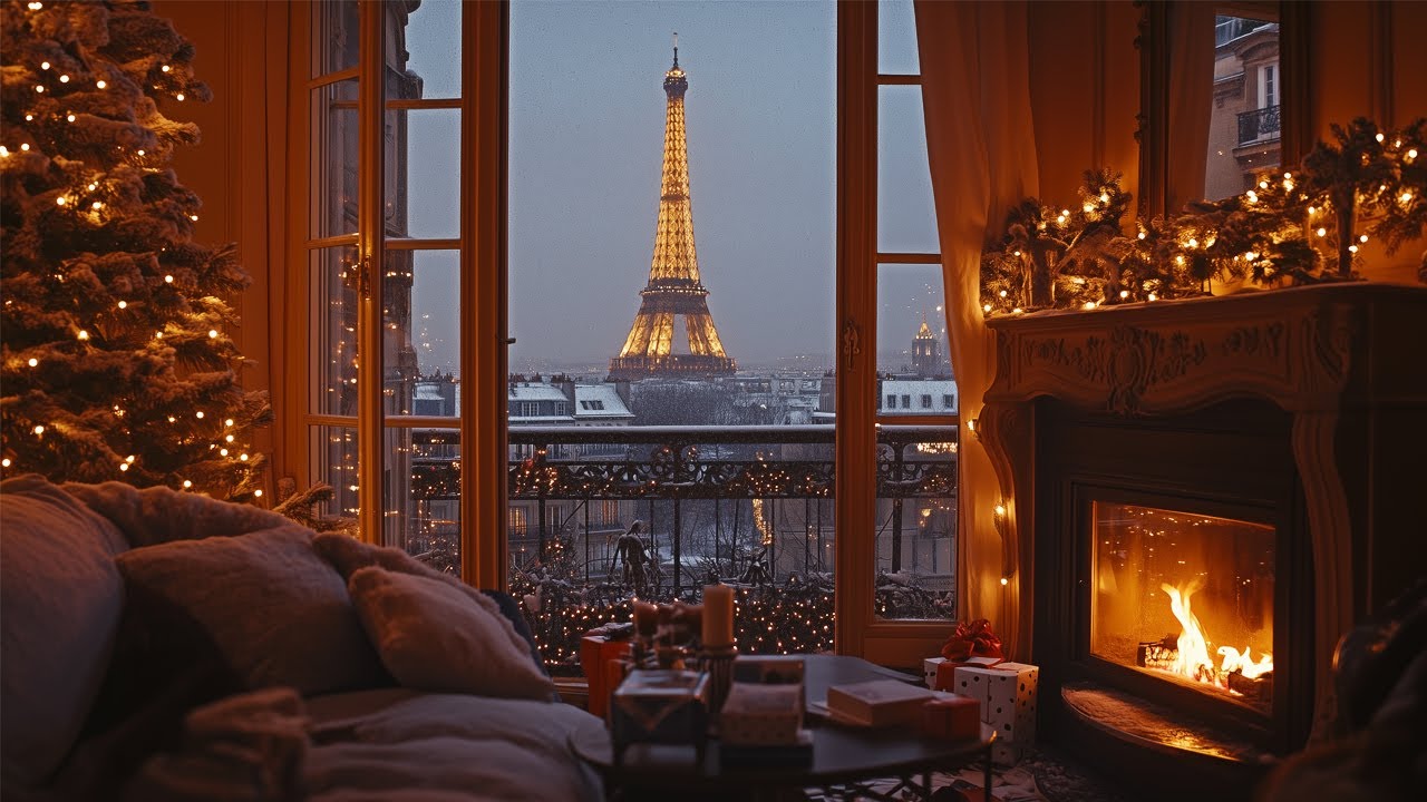A Cozy Christmas Night In Paris🎄 Snowfall Winter Ambience With Crackling Fireplace
