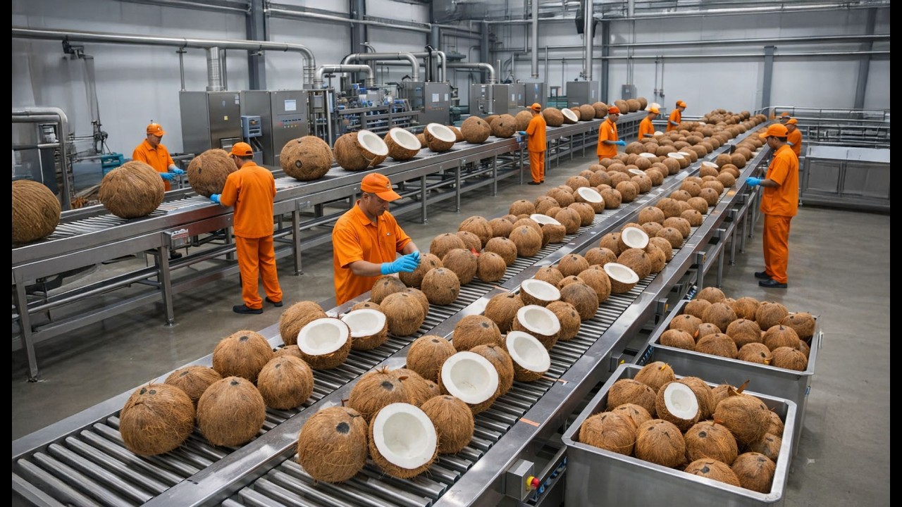 Inside a Modern Coconut Factory – From Hard Shell to Creamy Coconut Milk (Full Process)