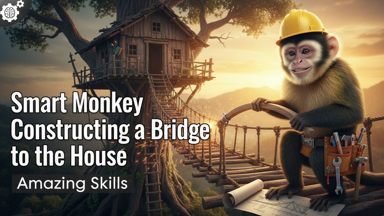 Smart Monkey Constructing a Bridge to the House: Amazing Skills