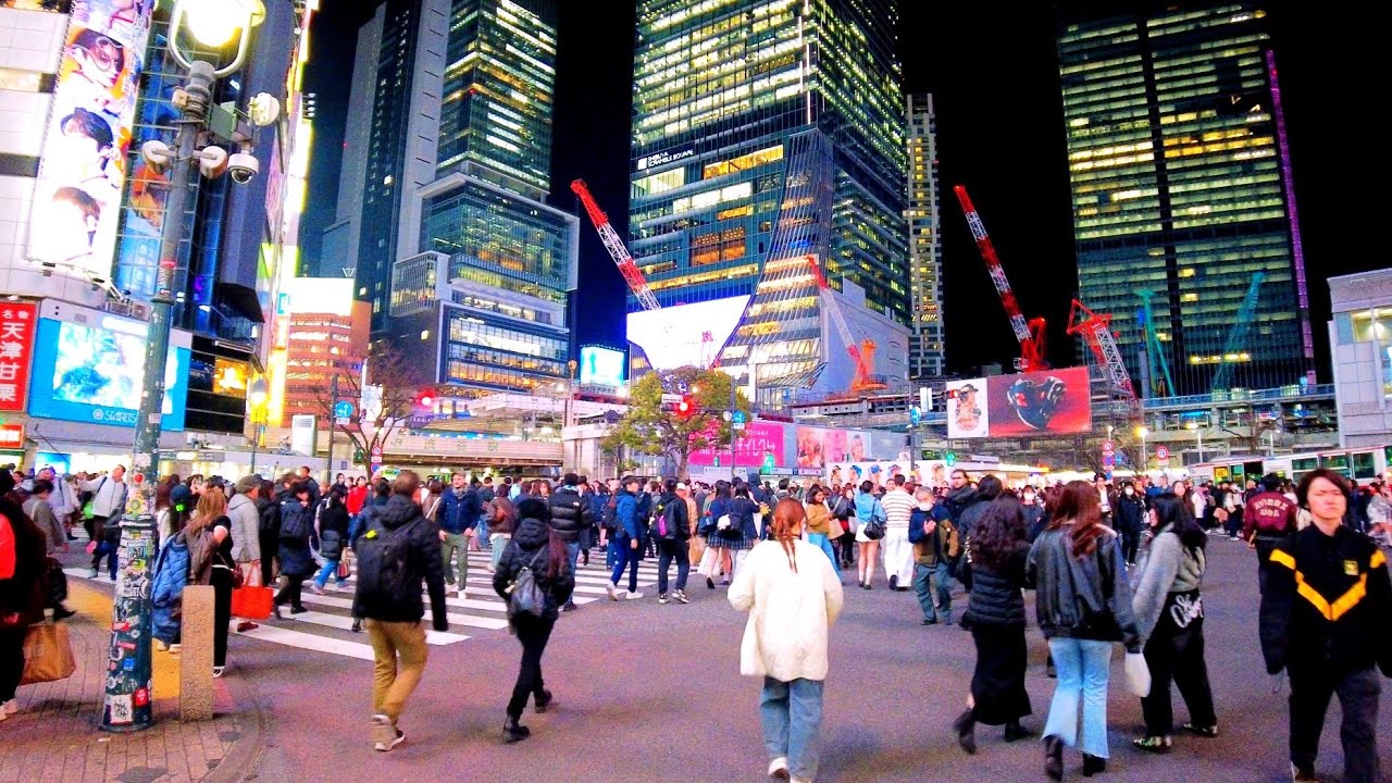 Shibuya city night walking tour in 4K . Tokyo, Japan. 