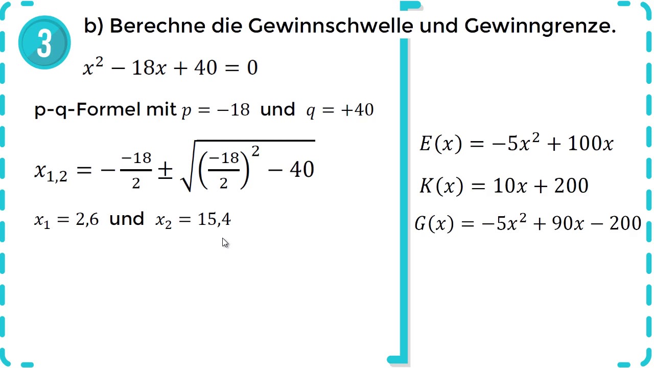 Erlöse, Kosten und Gewinn im Angebotsmonopol - Quadratische Funktionen E(x), K(x), G(x) - Übung 1