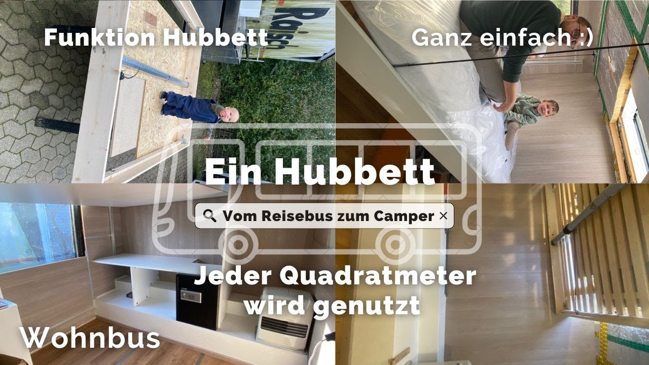 Unser Hubbett im Wohnbus Schlafzimmer mit Büro
