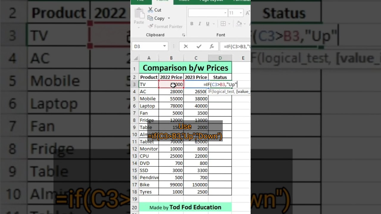 Compare Prices from 2 year - Excel Tips & Tricks from @todfodeducation