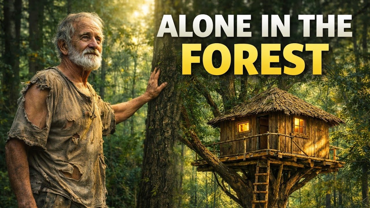 Old Man Living in the Forest Builds a Tree House from Nature
