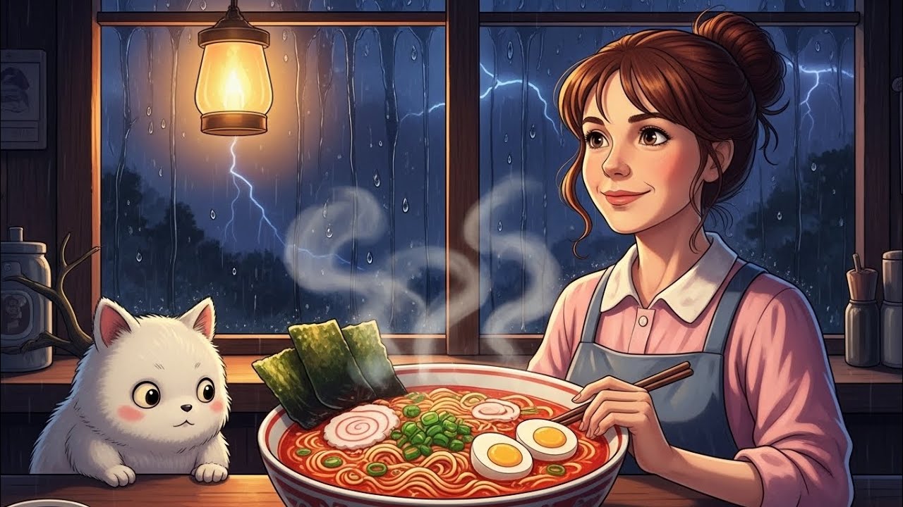 Midnight Rain & Spicy Ramen ⛈️🍜 | Ghibli-Inspired ASMR Cooking #ghibli #ghiblivibes 