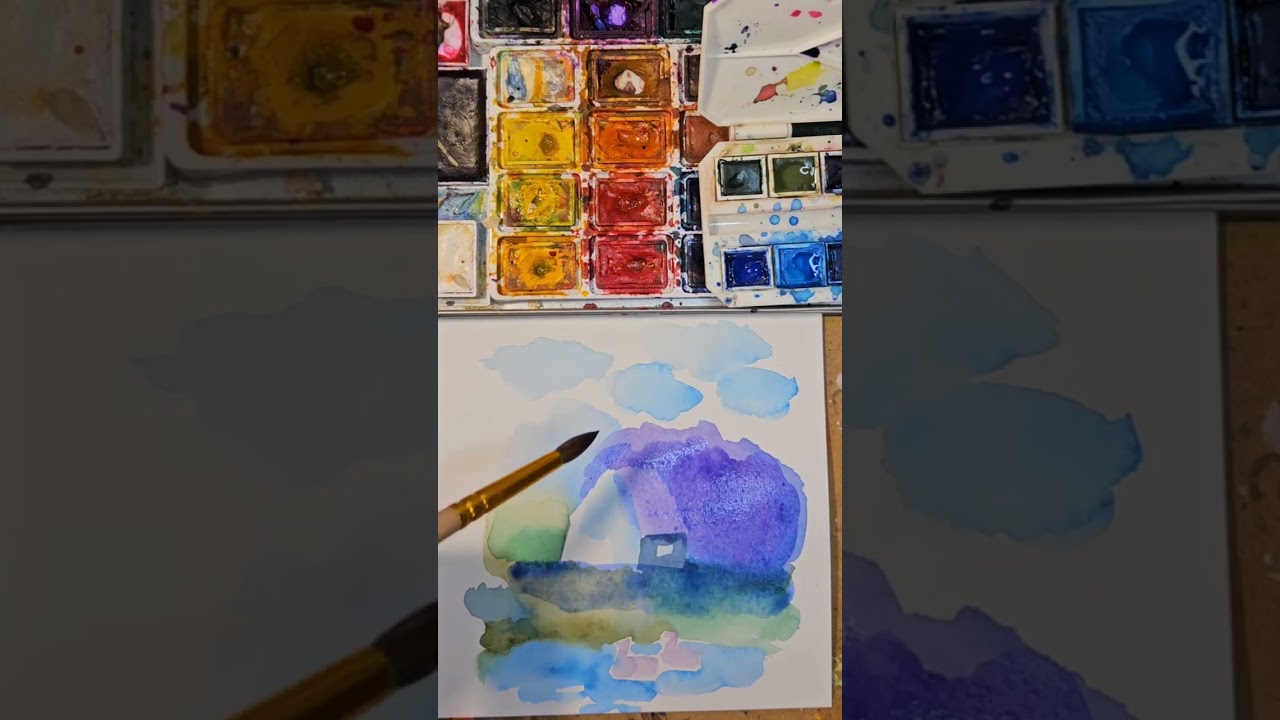 Маленький  пейзаж с сиренью #акварель #watercolor #aquarelle #art #tuto #landscape #blue  #рисуем
