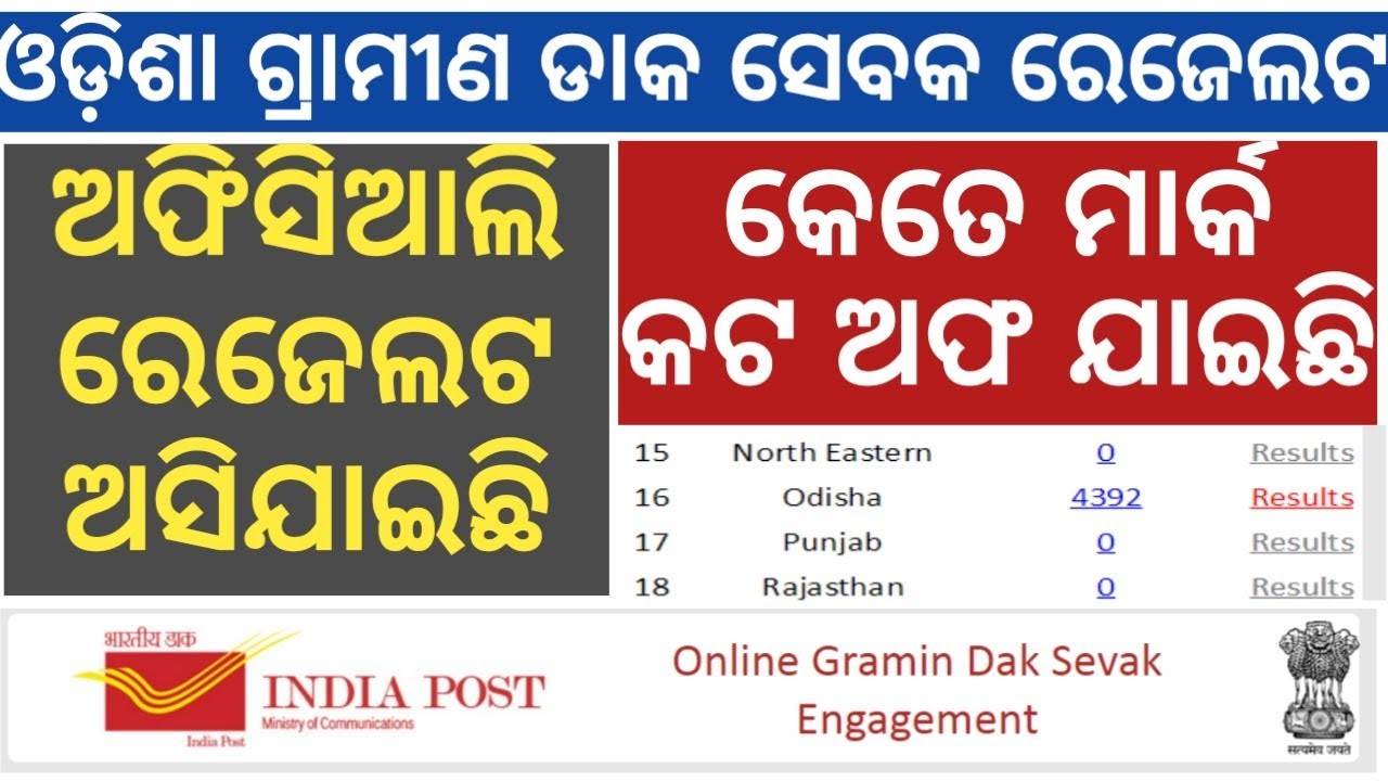 ODISHA POSTAL GDS RESULT 2019 !! ODISHA GRAMIN DAKA SEVAK MERIT LIST 2019 !! ODISHA GDS CUT OFF 2019