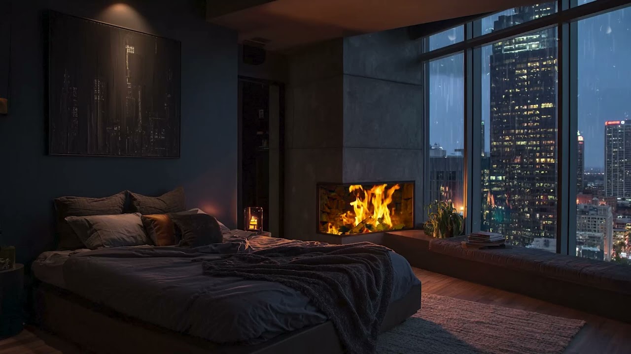Slow Piano Under the Rain | Warm Fireplace Sounds All Night 🌙✨
