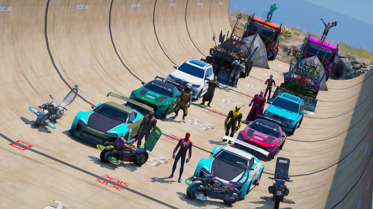 Combat Cars Сhallenge GTA V and Super Heroes with Spider Man Боевые Машины и мотоциклы из Гта 5 !