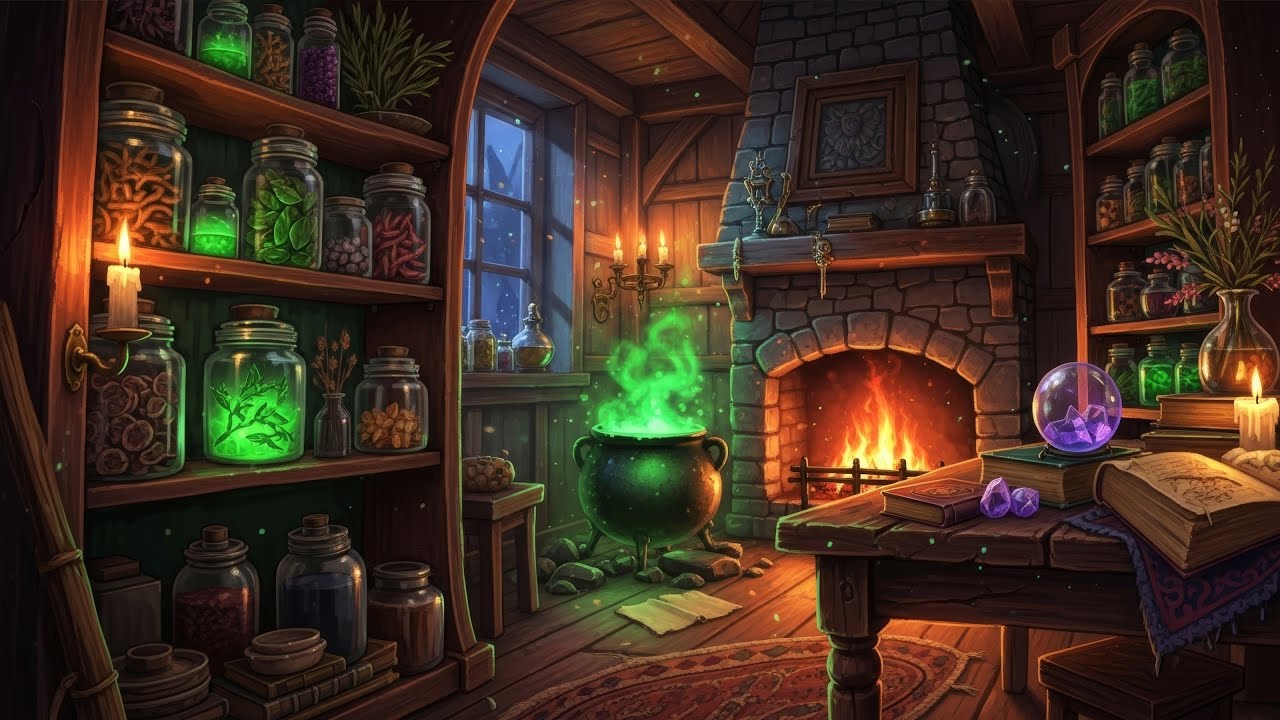 Cozy Witch's Cottage with Spooky Music & Cauldron Sounds | #halloween #ambience #aiart #spooky