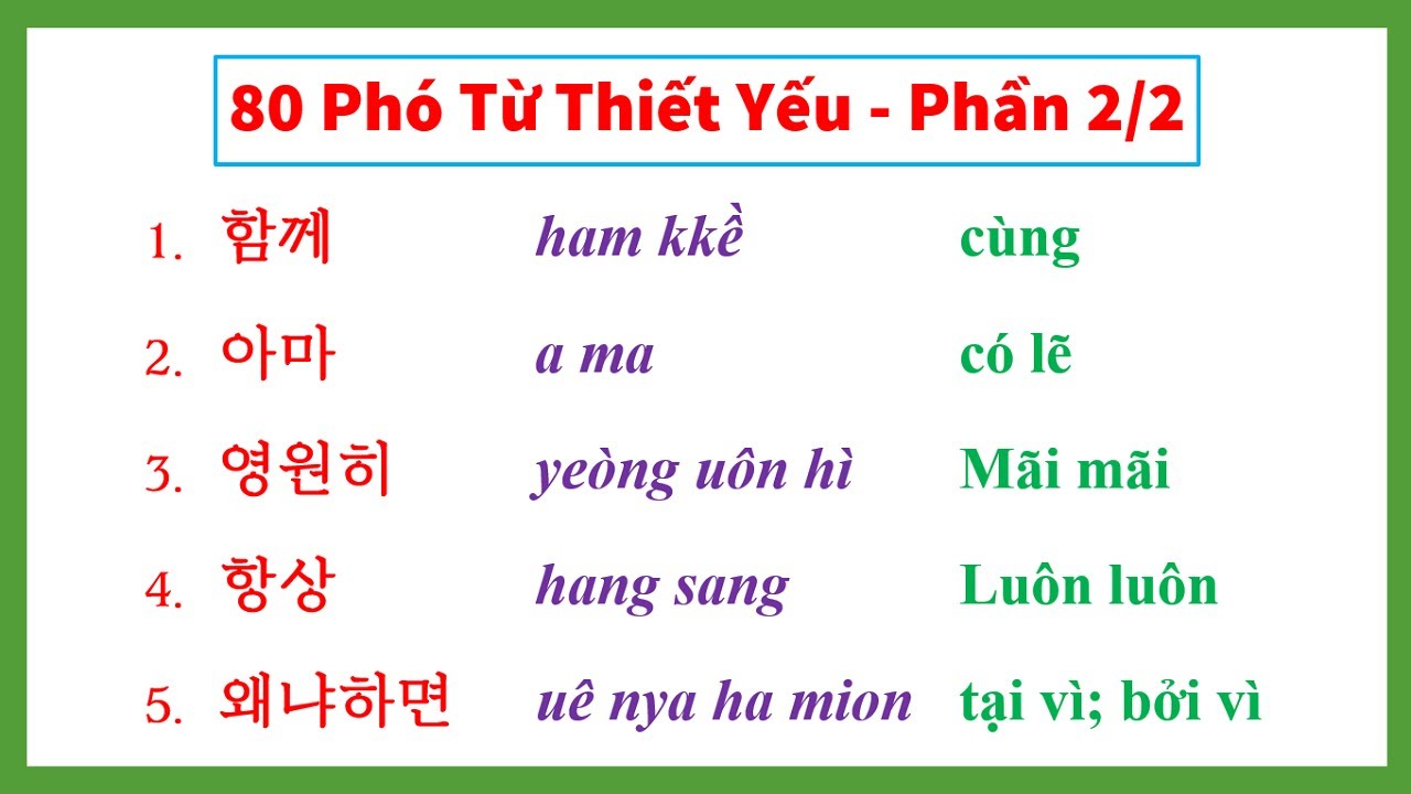 [Phần 2/2] 80 PHÓ TỪ TIẾNG HÀN THIẾT YẾU PHẢI NHỚ | 한국어 부사