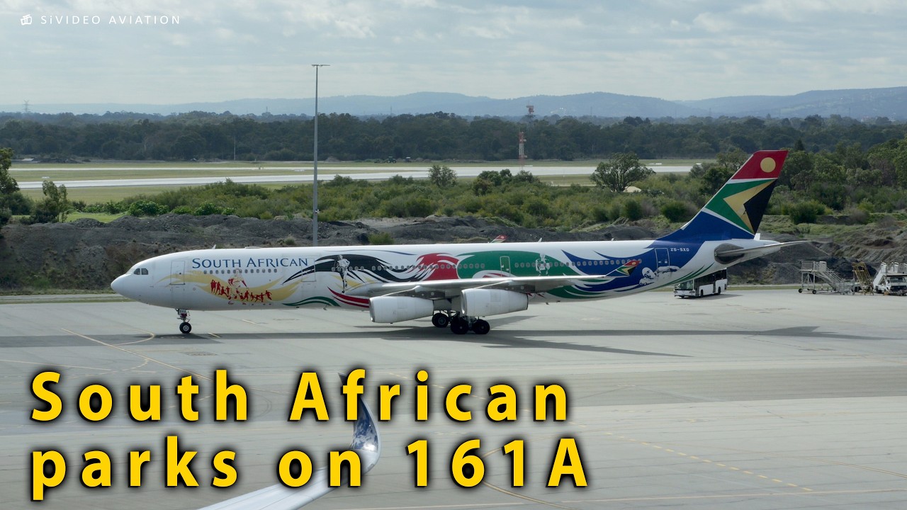 South African Airways A340 (ZS-SXD) arrives on RW21 & parks on 161A at Perth Airport.