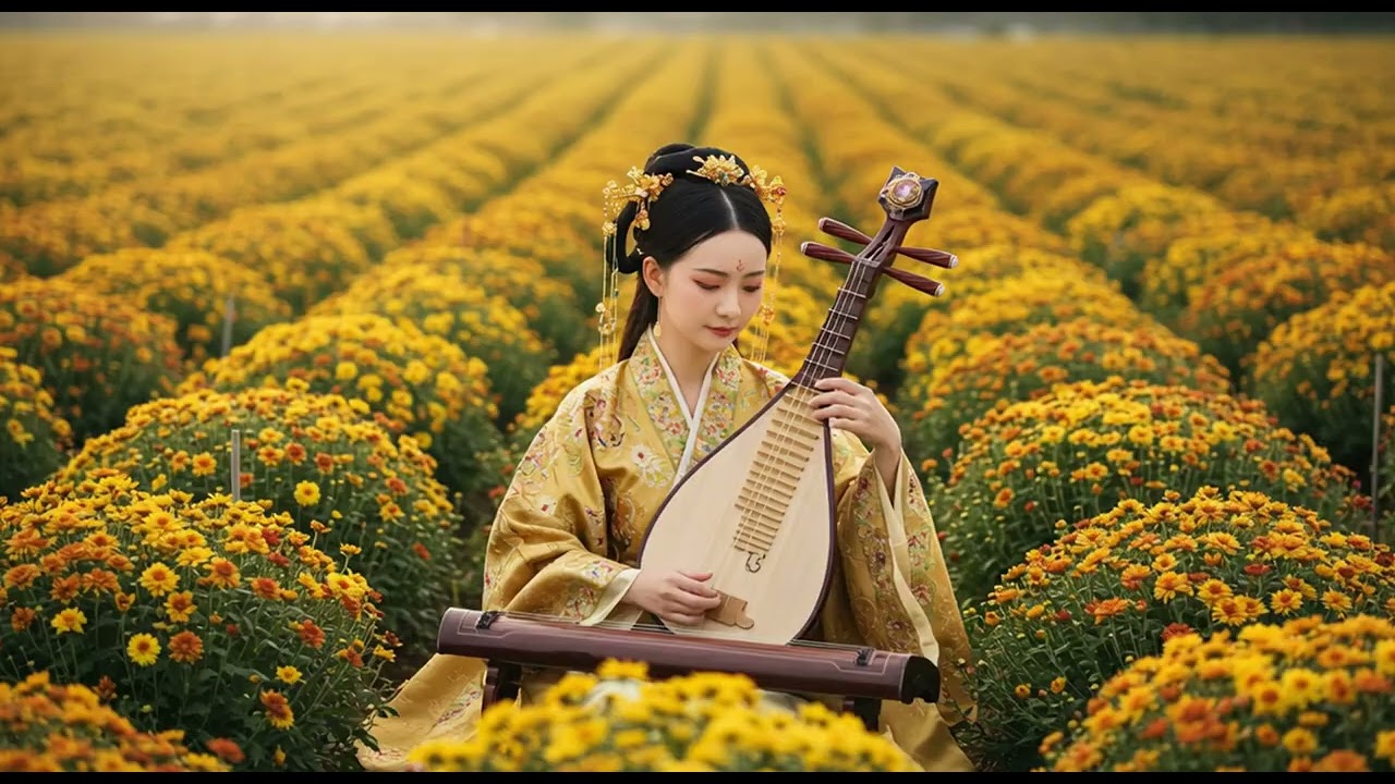 “Melodies at Sunset — Traditional Pipa in a Field of Golden Flowers”