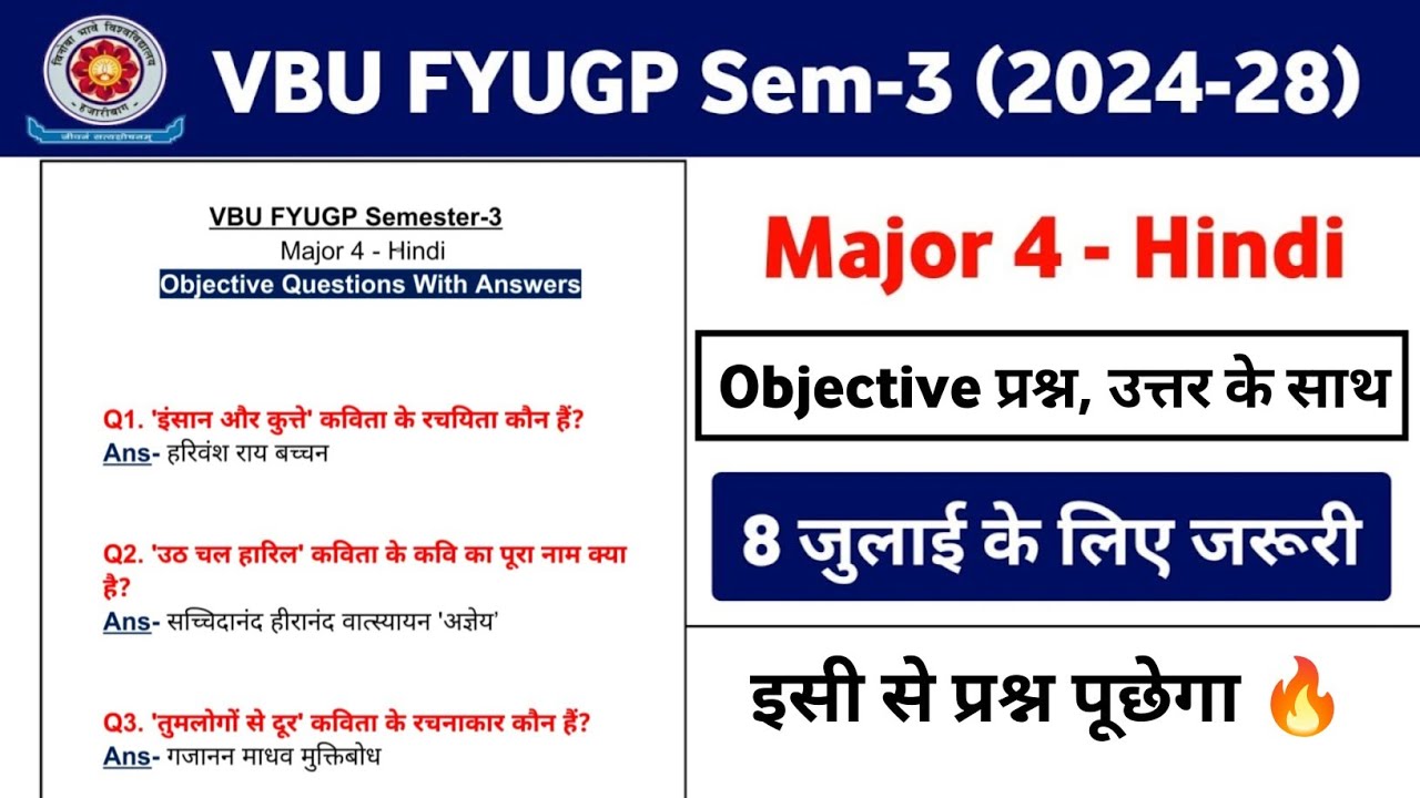 VBU FYUGP Sem-3 (2024-28) Major - 4 Hindi Objective Questions With Answers | MJ-4 - Hindi MCQ 