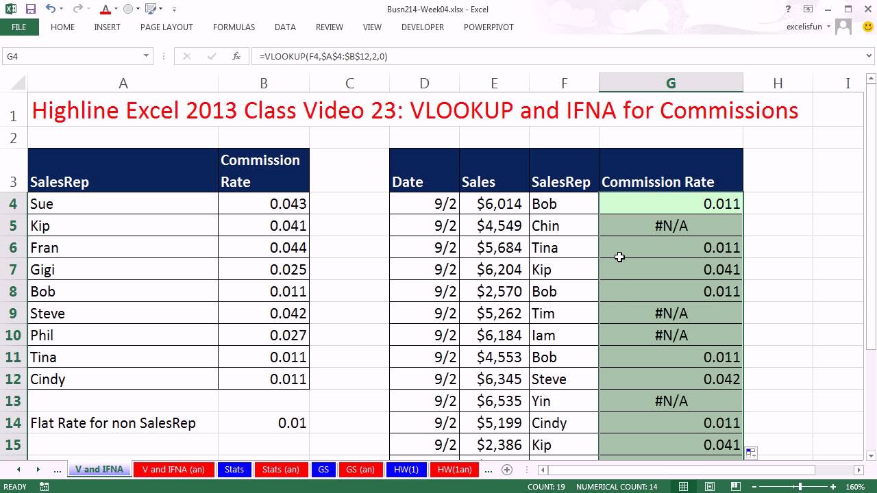 Highline Excel 2013 Class Video 23: VLOOKUP and IFNA for Commissions