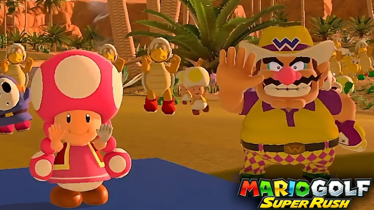 Mario Golf Super Rush Toadette vs Toad vs Waluigi vs Wario in Spiky Palms