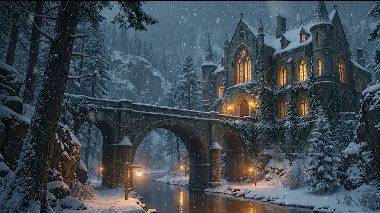 Winter Castle by the River ❄️ Cozy Snowfall & Night Ambience