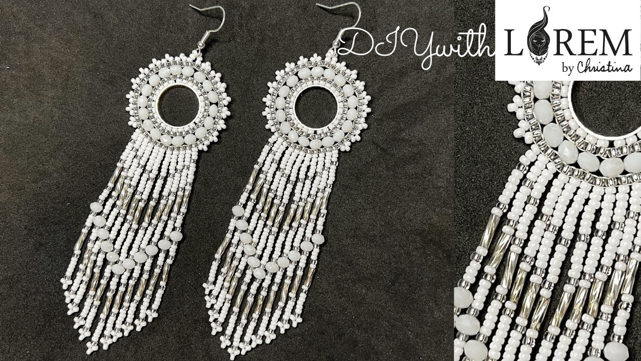 DIY Beaded Earrings | How To Make Round Beaded Earrings With Fringe | White Fringe Beaded Earrings