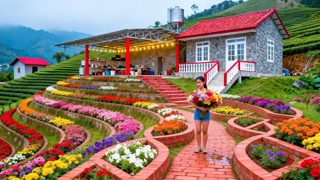 Building Semi-Circular Flower Beds & Planting Flowers Along Both Sides of the Brick Road
