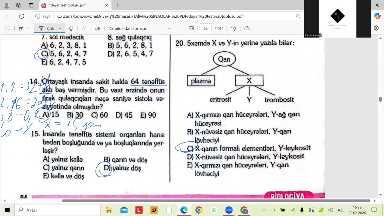 Dəyər test toplusu. Qan. Qan dövranı. Tənəffüs