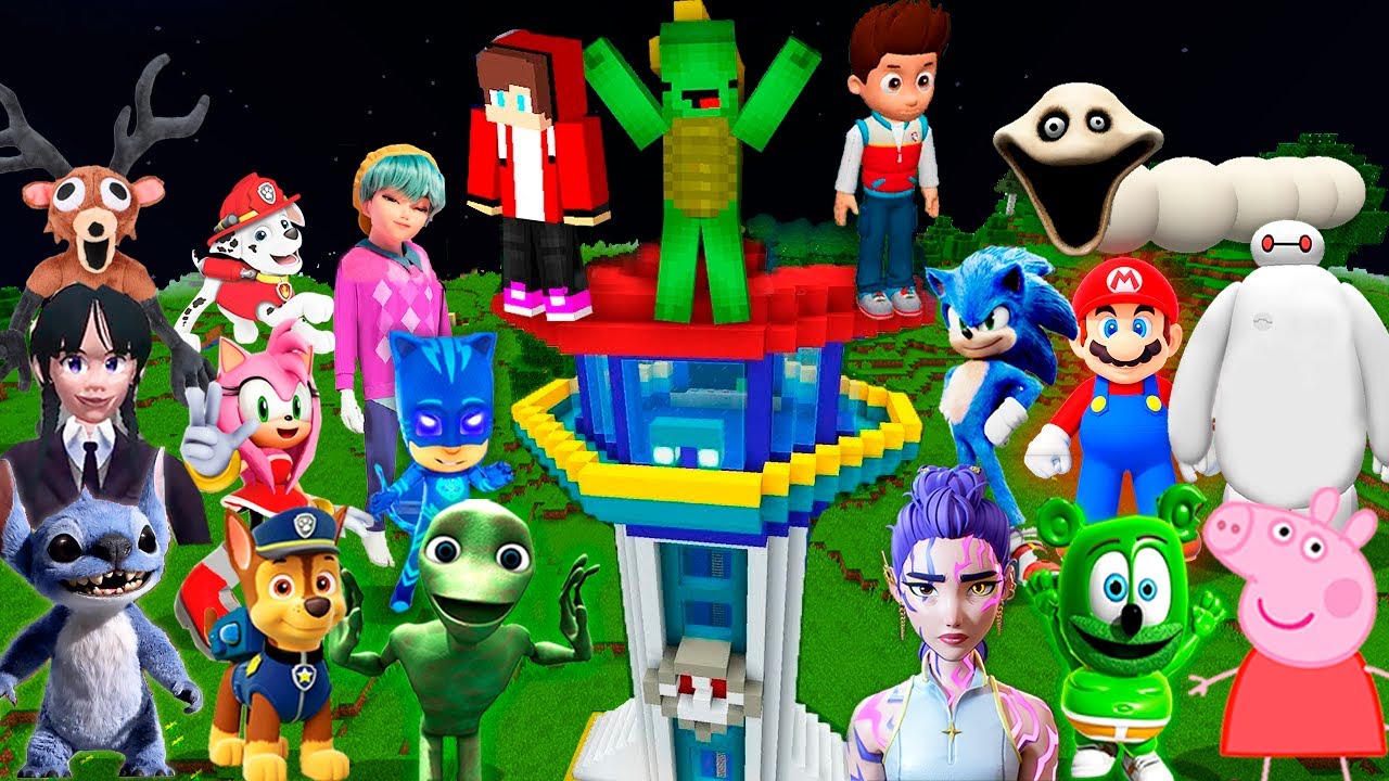 Stitch and ALL MONSTERS vs Paw Patrol Security House JJ and Mikey in minecraft ! Maizen