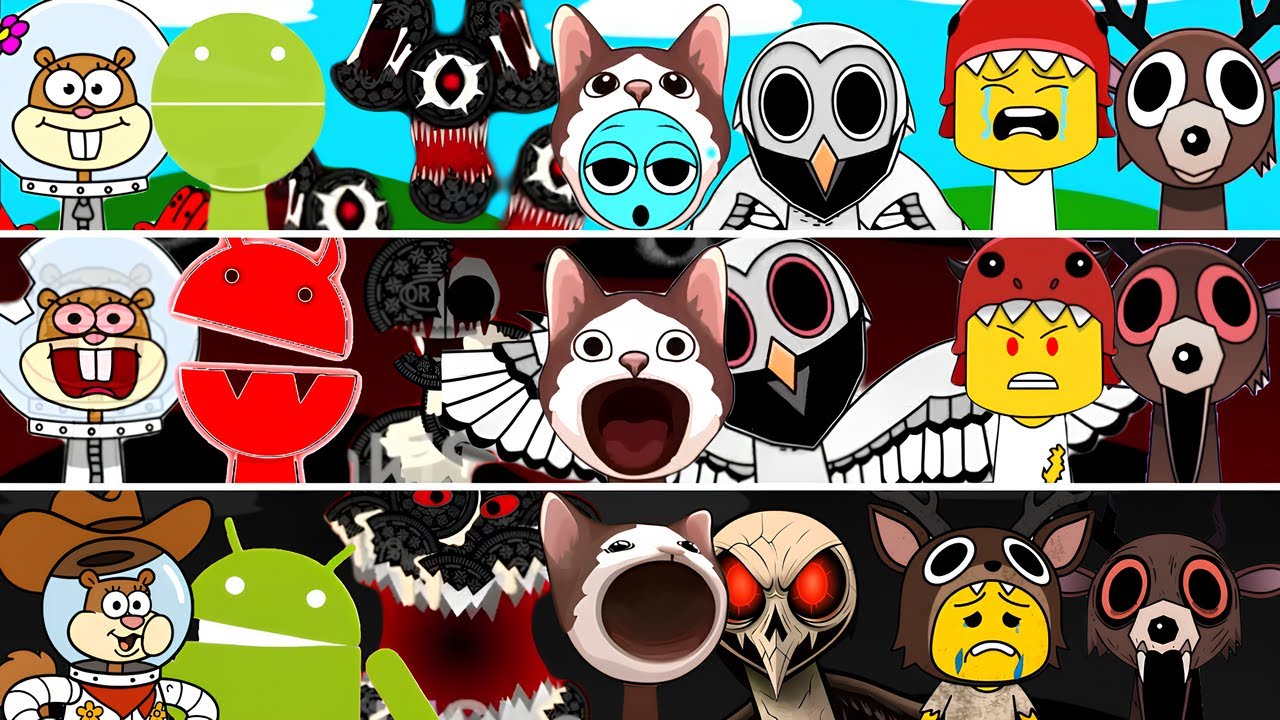 Incredibox Sprunki OC Phase 1 to Phase 3 Pop Cat, Dino Kid, Android, The Deer, The Owl, Sandy Cheeks