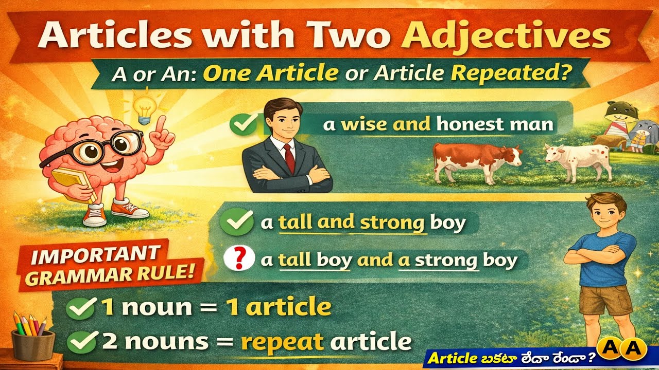 Articles Rule No: 7 | Two Adjectives – One Article or Two? | English Grammar Rules in Telugu
