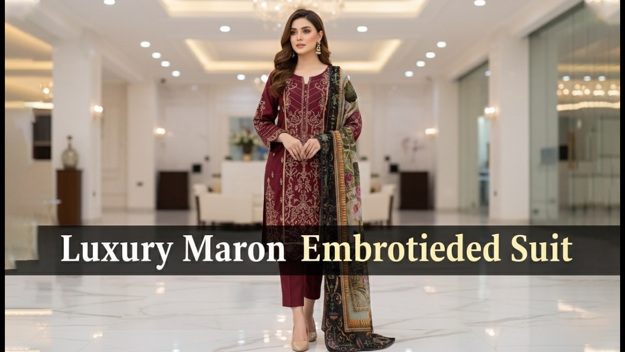 Luxury Maroon Embroidered Kurti Set | Wedding & Party Wear 3 Piece Suit | Elegant Festive Collection