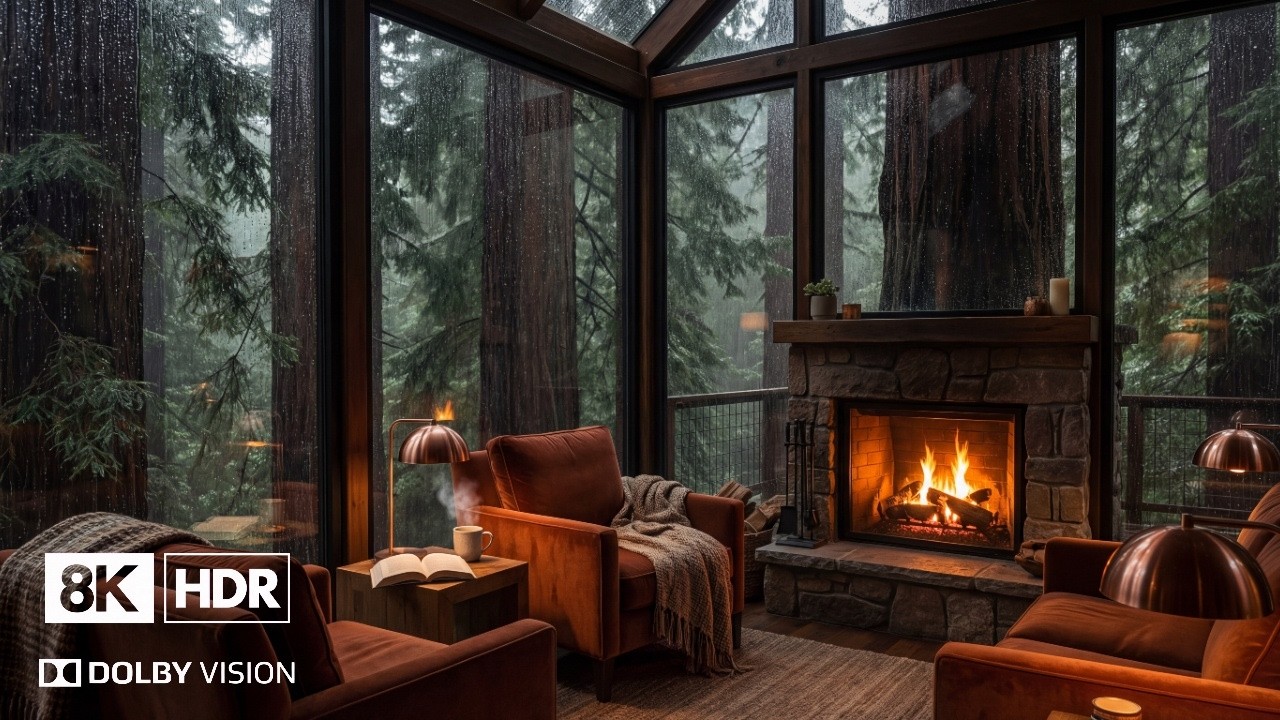 Rainy Forest Cabin Fireplace 🌧️🔥 | Cozy Glass House Retreat & Deep Relaxation | 8K Ultra HD 2 Hours